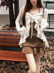 Hnewly American Style Vintage 2 Piece Set Spicy Girl Sexy Sleeveless Mini Dress + Knitted Ruffle Y2k Cardigan Korean Fashion Suit Woman