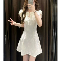 Hnewly Young Women's New Chinese Style Reformed Qipao Short Size Waist Inward Dress Floral Embroidery Fly Sleeve Summer Dress