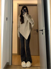 Hnewly High Neck Irregular Sweater Women's Autumn Winter Korean Version Loose Soft Knitted Top Elegant Long Sleeved Pullover