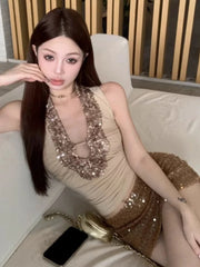 Hnewly Glitter Tank Tops Women Y2K Sequins Ruched Deep v-Neck Skinny Elastic Chic Basic Classic Summer Trend Street Vest