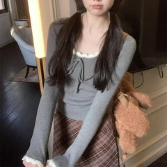 Hnewly Kawaii Bow T-shirts Women Coquette Lace Sexy Korean Fashion Sweet Long Sleeve Cutecore Slim Up Solid Aesthetics Tops