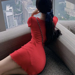Hnewly French Sexy Skinny Dress for Woman Summer V-Neck Button Design Blue Short Sleeve Dresses Women Sweet Holiday Bag Hip Dress