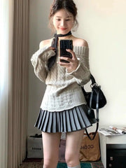 Hnewly Korean Style Sexy Off Shoulder Sweater Women Sweet Elegant Long Sleeve Knitted Pullover Cute Fashion Slim Up Sweaters