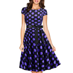 Hnewly Summer Vintage Women's round Neck Cover Sleeve Polka Dot Maxi Dress with Black Silk Cotton Lined Cleanfit mid Waist Dress