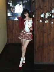 Hnewly Kawaii Lolita Style Sweet 3 Piece Set Woman Cute Short Cardigan Bow Floral Vest Y2k Plaid Mini Skirts Female Korean Fashion Suit