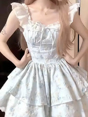Hnewly Fairy Skirt Dress Summer Waist Cinched Short Bouncy Sleeve Strapless Polyester Korean Style Commute A-Line Dress