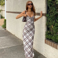 Hnewly Vintage Plaid Print V-neck Maxi Dress Sexy Backless Spaghetti Straps Sundresses Autumn Club Party Women Slim Vestidos