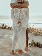 Hnewly Boho Knit Maternity Dress Bell Sleeve Crochet Pregnancy Gown for Photoshoot Baby Shower Maternity Photography Beach Dress