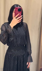 Hnewly Retro Black Polka Dot High Neck Women Midi Dress Fashion Flowy Sheer Full Sleeve A-line Dresses Lady Casual Street Vestidos