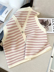 Hnewly Spring V-Neck Striped Knitted Vest Korean Hollow Out Sleeveless Top Women's 2023 Autumn Loose All-Matched Outwear Cardigan Tank