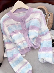 Hnewly Striped Fashion Tassel Sweater Women's Autumn Single Breasted O-Neck New Short Knitted Cardigan Long Sleeve Top