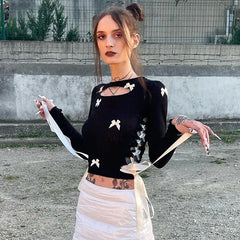 Hnewly Bow Bandage Hollow Out T-Shirt Women Sexy Long Sleeve Crop Tops y2k Aesthetic Coquette Slim T Shirts Korean Fashion