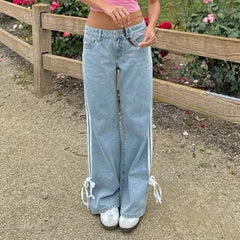 Hnewly Women Vintage y2k Side Striped Bow Tie Jeans Boyfriend Low Rise Baggy Straight Wide Leg Jeans Casual Loose Fit Denim Pants