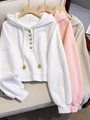 Hnewly Chic Sweet Women Hoodies Long Sleeve Korean Simple Solid Fashion Sweatshirt Fall New Love Buttons Lace Up Cute Short Tops