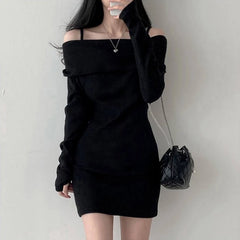 Hnewly Y2K Women Knitted Mini Dress Korean Sexy Off Shoulder Female Dress Spring New Spaghetti Strap Long Sleeve Ladies Vestidos