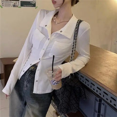 Hnewly Women T-shirt Spring Autumn Clothes Ribbed Knitted Long Sleeve Short Tops Zipper Design Tee Sexy Female Slim Tops