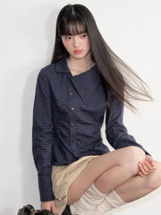 Hnewly Vintage Slim Plaid Shirt Women Elegant Fall Long Sleeve Design Blouse Casual Preppy Style Female Retro Korean Sweet Tops