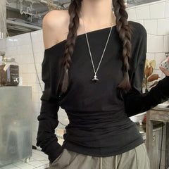 Hnewly y2k Aesthetic Tops Women Punk Gothic Clothing Slant Neck Off Shoulder Long Sleeve T Shirts 2000s Clothes Streetwear