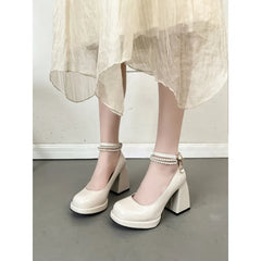 Hnewly Comfort Shoes for Women 2024 Summer Female Sandal Buckle Strap Clear Heels All-Match Girls Pearl Block New High Fashion Retro Lo