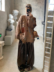 Hnewly Label Patchwork Leopard Cardigan Sweater Women Retro Ripped Tassels Button Down Knit Jacket Thick Warm Winter Outwear