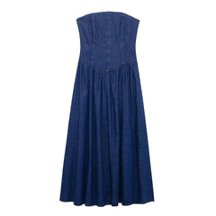 Hnewly Maternity Photoshoot Strapless Denim Dress Deep Blue Waist Cinch Full Skirt Pregnancy Photo Outfit Baby Shower Rustic Studio Pro