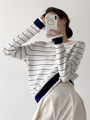 Hnewly Vintage Elegant Striped Sweaters Women Loose O Neck Hollow Out Knitted Pullover French Retro Long Sleeve Casual Jumper Tops
