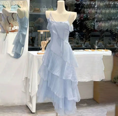 Hnewly Novelty Woman Dress Summer Seaside Vacation Style Fairy Blue Rose Irregular Ruffle Edge Luxury Dress for Women