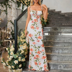 Hnewly Female Elegant Slim Fitting Summer Floral Printed Bodycon Maxi Dress Spaghetti Strap Sleeveless Boho Style Streetwear Long Dress
