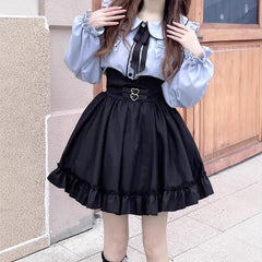 Hnewly New Japanese Sweet Long Sleeve Shoulder Bared Doll Collar Women's Shirt Autumn Top Casual Slim Fit Mini Skirt Two Piece Set