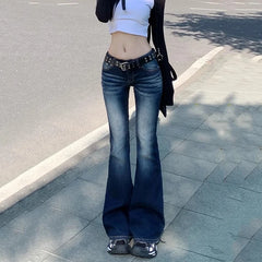 Hnewly American Vintage Low Waist Jeans Women High Street Y2K Pocket Micro Flared Pants Woman Dark Blue Denim Long Trousers Female