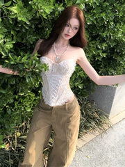 Hnewly Lace Patchwork Strapless Tops Bandage Backless Sleeveless Elastic Sweet Street Versatile Summer New Trend Corset Vest
