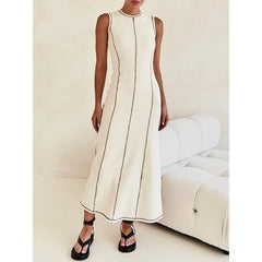 Hnewly Tinaa Apricot Sleeveless Maxi Dress for Women Summer Striped O Neck Simple Basic Commuting Casual Long Dresses