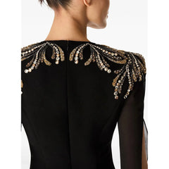 Lunivop Black Jersey Evening Dress Crystal Long Sleeves Elegant Women's Long Dresses V-Neck Floor Length Evening Gowns