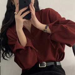 Hnewly Retro Style High Temperament V-neck Women's Shirt Long Sleeved Shirt Loose Style Top Women's Clothing Red Rose white