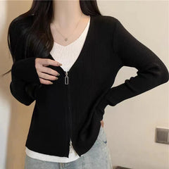 Hnewly Fashion False Two Pieces Sweater Women Spring Autumn Mix Color V-Neck Knitted Jumpers Woman Slim Long Sleeve Pullovers Mujer