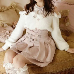 Hnewly Japan Style High Waist Pleated Mini Skirts Bow Knot Design Kawaii Slim Fit A-line Pink Lace For Women