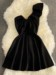 Hnewly Women Black White Ruffled One Shoulder Sleeveless Mini Dress Strapless Mesh Patchwork High Waist A-line Party Dress Vestidos