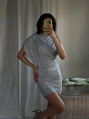 Hnewly Chic Sequin Solid Dress Women Sexy O-neck Sleeveless Pleated Waist-cinched Empire Dresses Elegant Party Spring Lady Gown