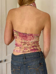 Hnewly Vintage Floral Halter Crop Top Sexy Slim Backless O-Neck Sleeveless Tank Tops Women 2024 Summer Fashion Streetwear Lady