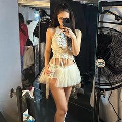 Hnewly Aesthetic Bow Cross Bandage Crop Top Women O Neck Sleeveless Ribbed Kawaii T Shirt Fashion Streetwear Cute Slim Vest