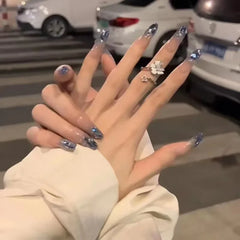 Hnewly 24Pcs False Nails French Gradient Ballet Fake Nails Press on Nails Black Heart Rhinestone Design Glitter Full Cover Nail Tips