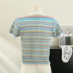 Hnewly Colorful Striped Knitted T Shirt For Women Spring Summer Hollow Out Sexy Streetwear Tops Korean O-Neck Short Pullover Blouses