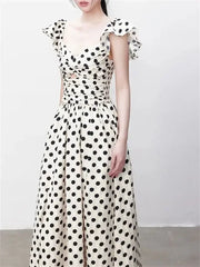 Hnewly French Elegance Polka Dot Dress New Summer Style Pleated Long Skirt with Waist Slimming and Graceful the dress black dress white dress