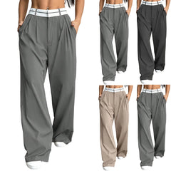Hnewly Basic Solid Color Lightweight Skin-friendly Suit Pants Fashion Pleated Wide Leg Casual Commuted Trousers for Women
