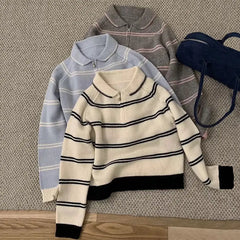 Hnewly Stripe Short Sweater Women's Korean Style Autumn Winter 2025 New Fashion Contrast Color Knitwear Long Sleeve Pullover Tops
