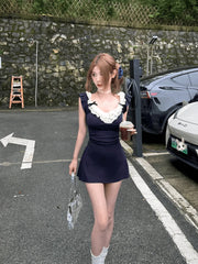 Hnewly 2000s Vintage Lace Patchwork Mini Dress Women Sexy Bow Lace-up Sleeveless Dress One Piece Korean Fashion Clothing Summer 2024