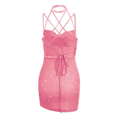 Hnewly Sparkling Pink Backless Strappy Dress European And American Fashion Sexy Women's Clothing