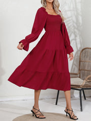 Hnewly Spring & Autumn Casual Solid Squared Neck Shirred Ruffle Trim Long Sleeve Tiered Dress For Women
