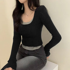 Hnewly Contrast Stitching Crop Top Harajuku y2k Casual Full Sleeve Patchwork T-shirts for Women Fall Basic Tee Ladies Streetwear