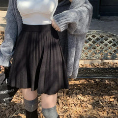 Hnewly Autumn Winter Knitted A Line Skirts Women Korean Elastic High Waist Pleated Short Skirt Woman All Match Solid Color Mini Skirts